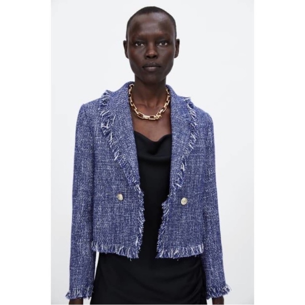 Zara Blue Frayed Tweed Blazer